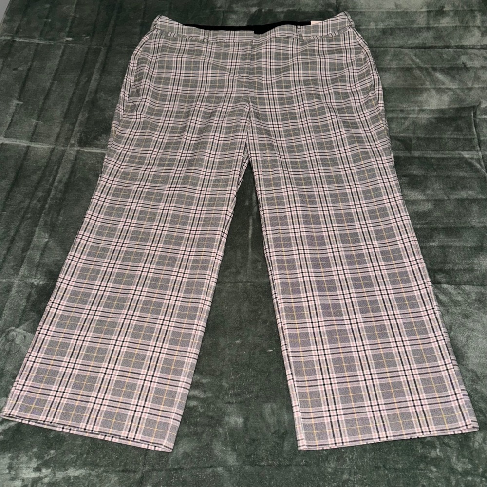 NWT Lane Bryant Perfect Drape Straight Leg Plaid Pants Pink Grey Plus Size 24
